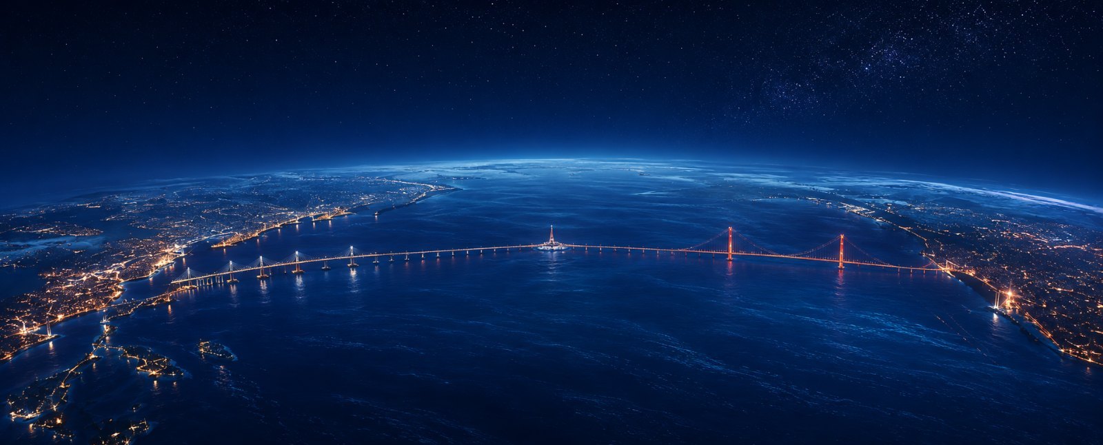 A glowing bridge spanning the night ocean between two lit coastlines, viewed from near orbit